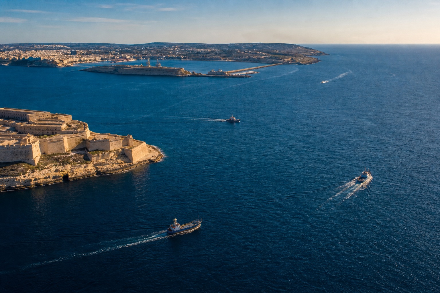 Malta-inspired Mediterranean harbour connections seen from above, with small vessels crossing deep blue water.